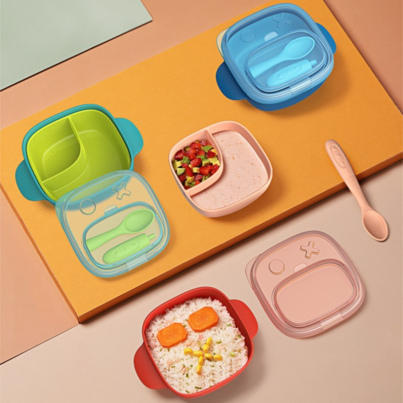 2-in-1 Baby Food Storage Set: Double Layer Divided Plates with Spoon & Fork, Airtight Locking Lids P