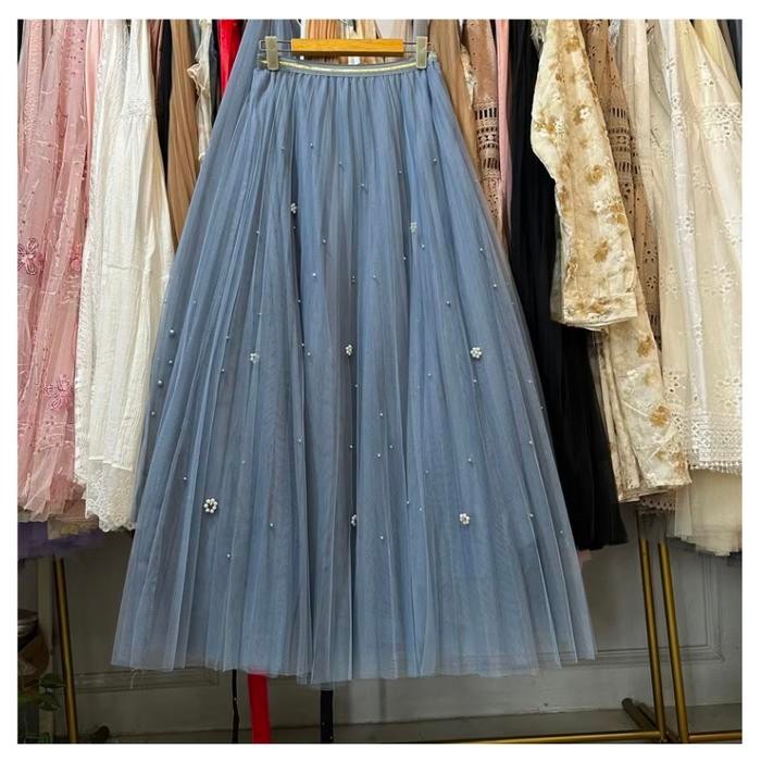 ROK TUTU FULL MUTIARA BUNGA 4 LAPIS PREMIUM IMPORT BANGKOK - denim