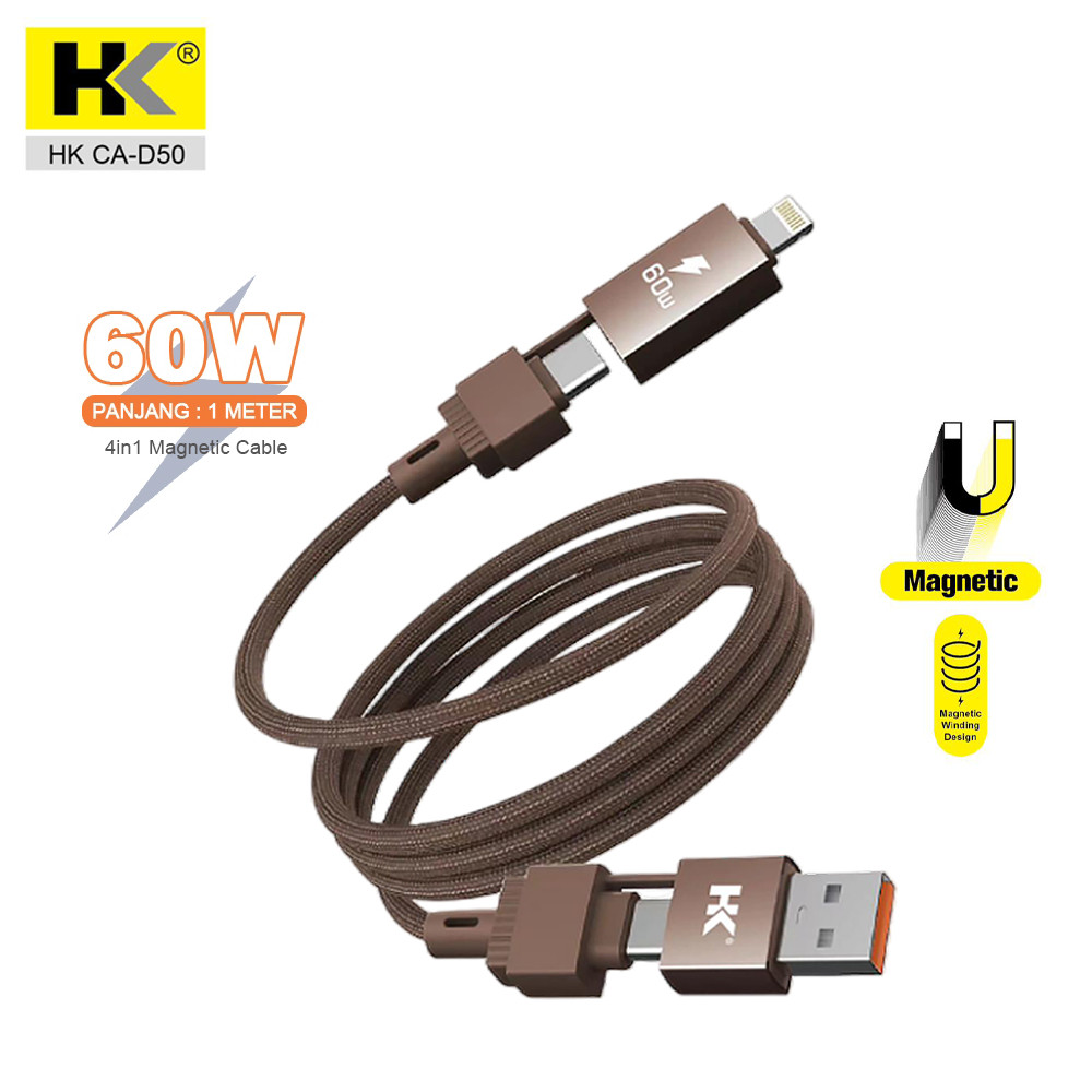 HK D50 MagCable 4in1 Magnetic Type C Cable Data 60W Lightning USB C to C