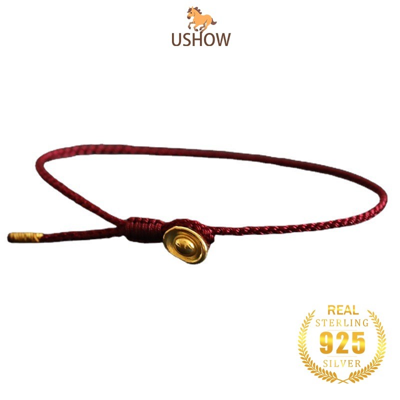 USHOW Gelang Tali Merah Ingot Emas 18k Gaya Pasangan