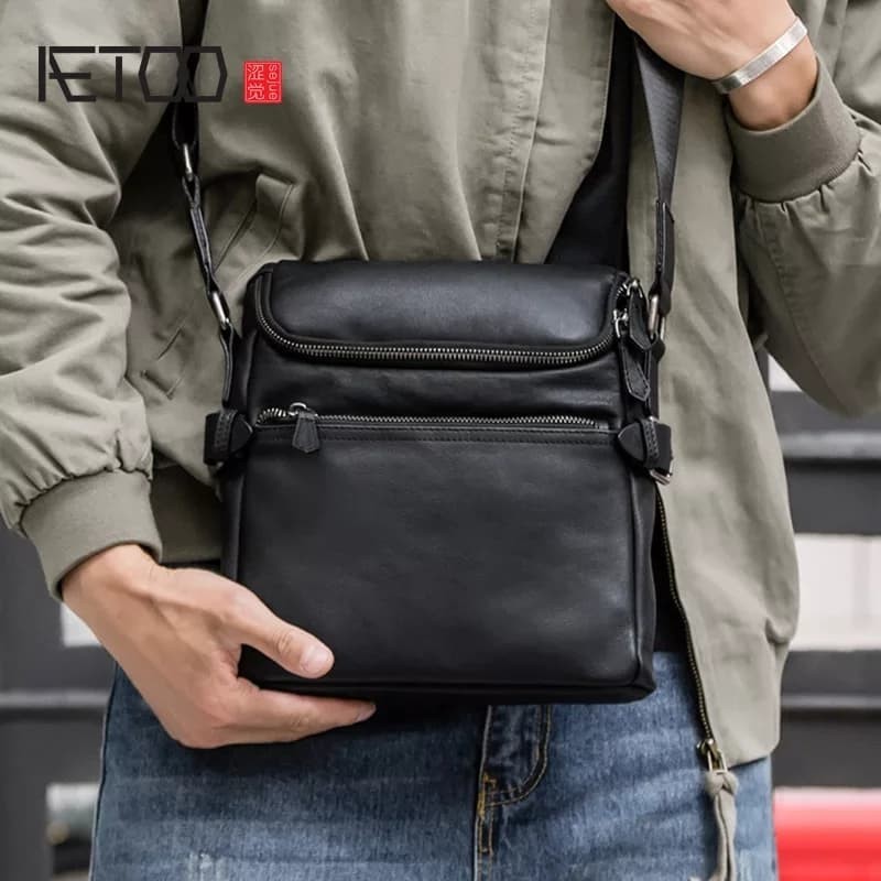 Promo Tas Selempang Kulit MINI Pria Simpel / Tas Mini KULIT Asli / Mini Bag Kulit Premium HITAM Luck