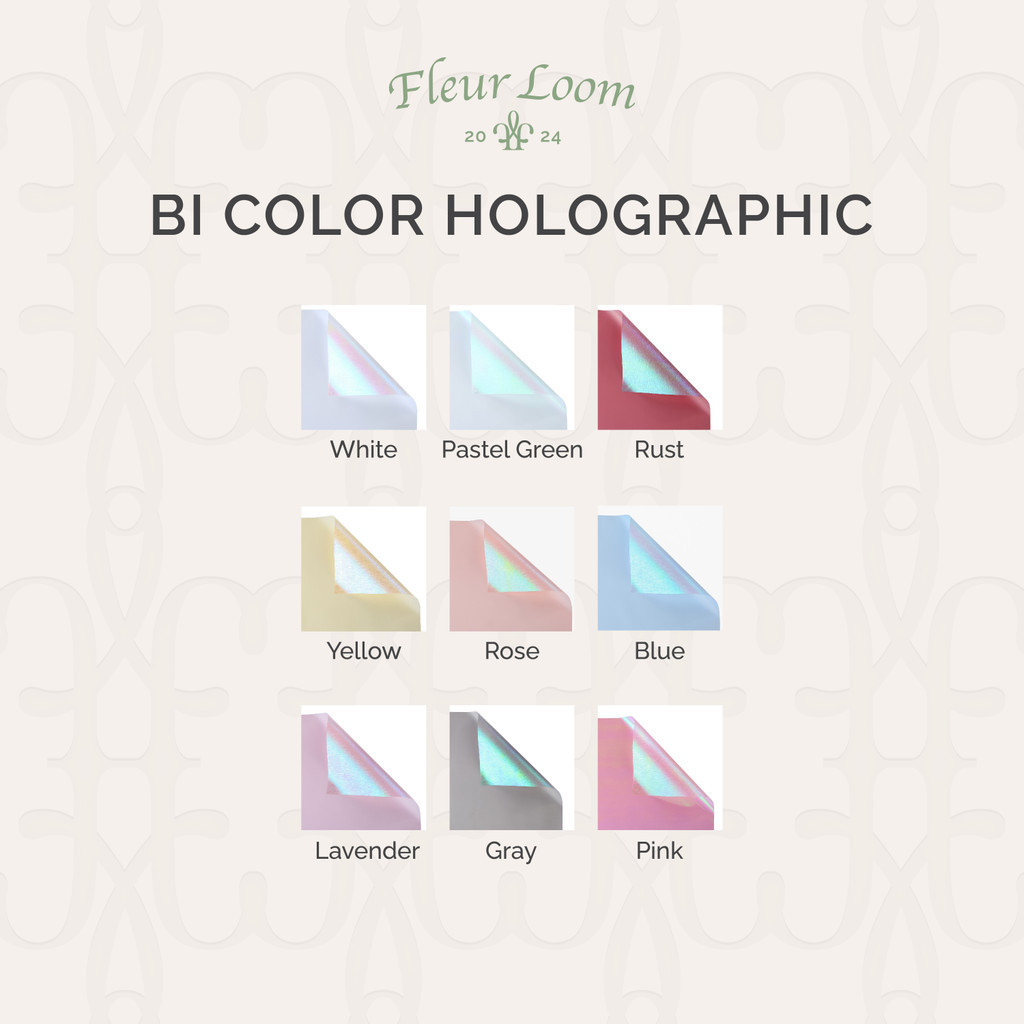 

Fleur Loom - (Lembaran) Kertas Buket Cellophane Bi Color Holographic / Symphony Silk / Pelangi / Metallic