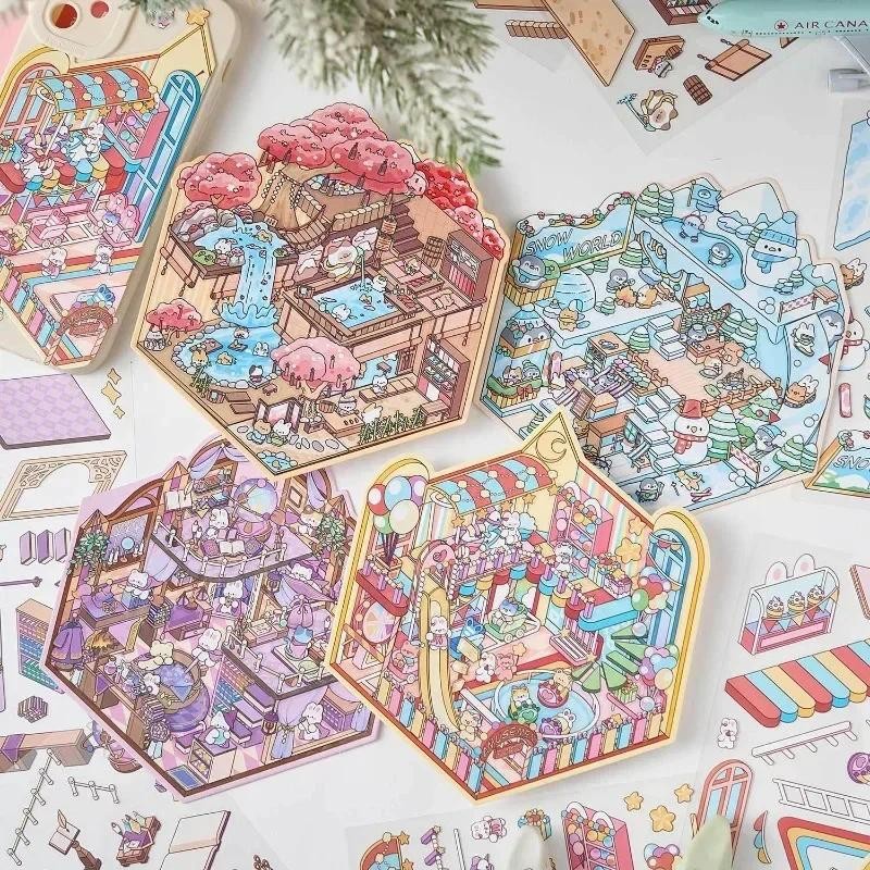

Creative Design Cute Cartoon DIY Scene Sticker Kawaii Animal Amusement Park Scrapbook Journal Sticker 3D Stereo Stacking Sticker