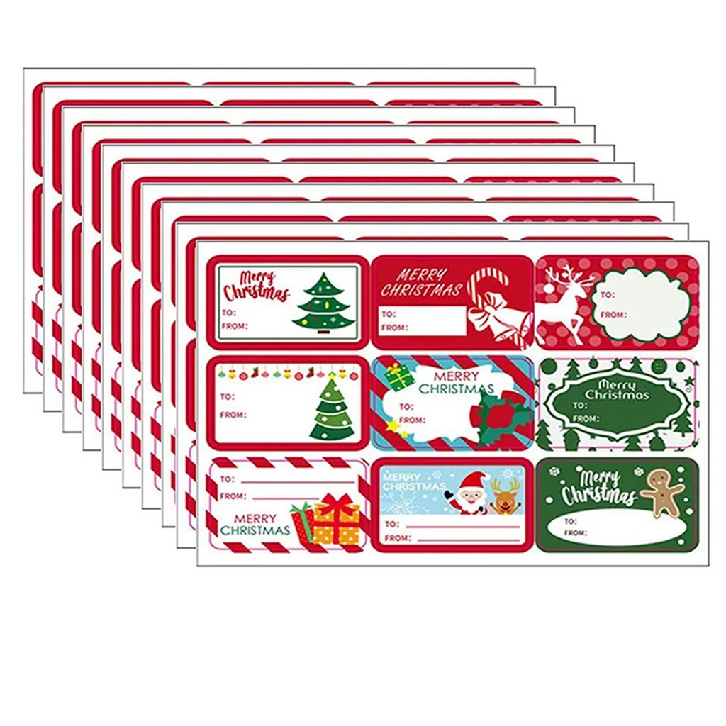 

60pcs/10sheets Christmas Tags 8 Design Gift Sticker Name Tag with Santa Snowmen Xmas Tree Reindeer Bells Holiday Decorative Tag