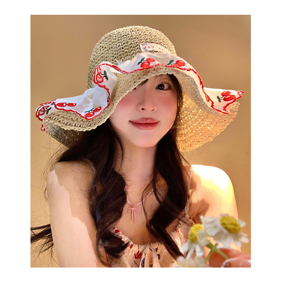 Women's Cute Sun Hat  Little  erry Lace Trimmed Straw Hat Girl Summer Bea  Vacation Sun Hat Sunshade