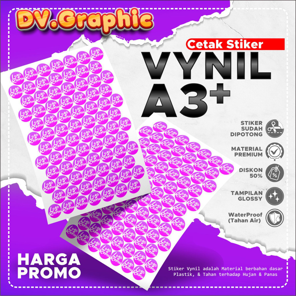 

Cetak Print & Cut Sticker Vinyl A3+, Cetak Kiss Cut Stiker Label Vinyl tahan Air