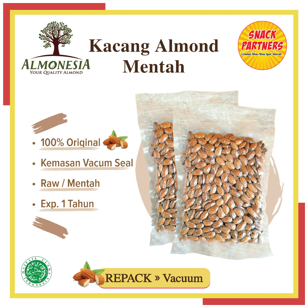 

KACANG ALMOND UTUH (MENTAH & PANGGANG) Repack Vacuum 500 GR / 1 KG - Raw Roasted Whole Almond ALMONESIA Vacum Banjarmasin 1KG