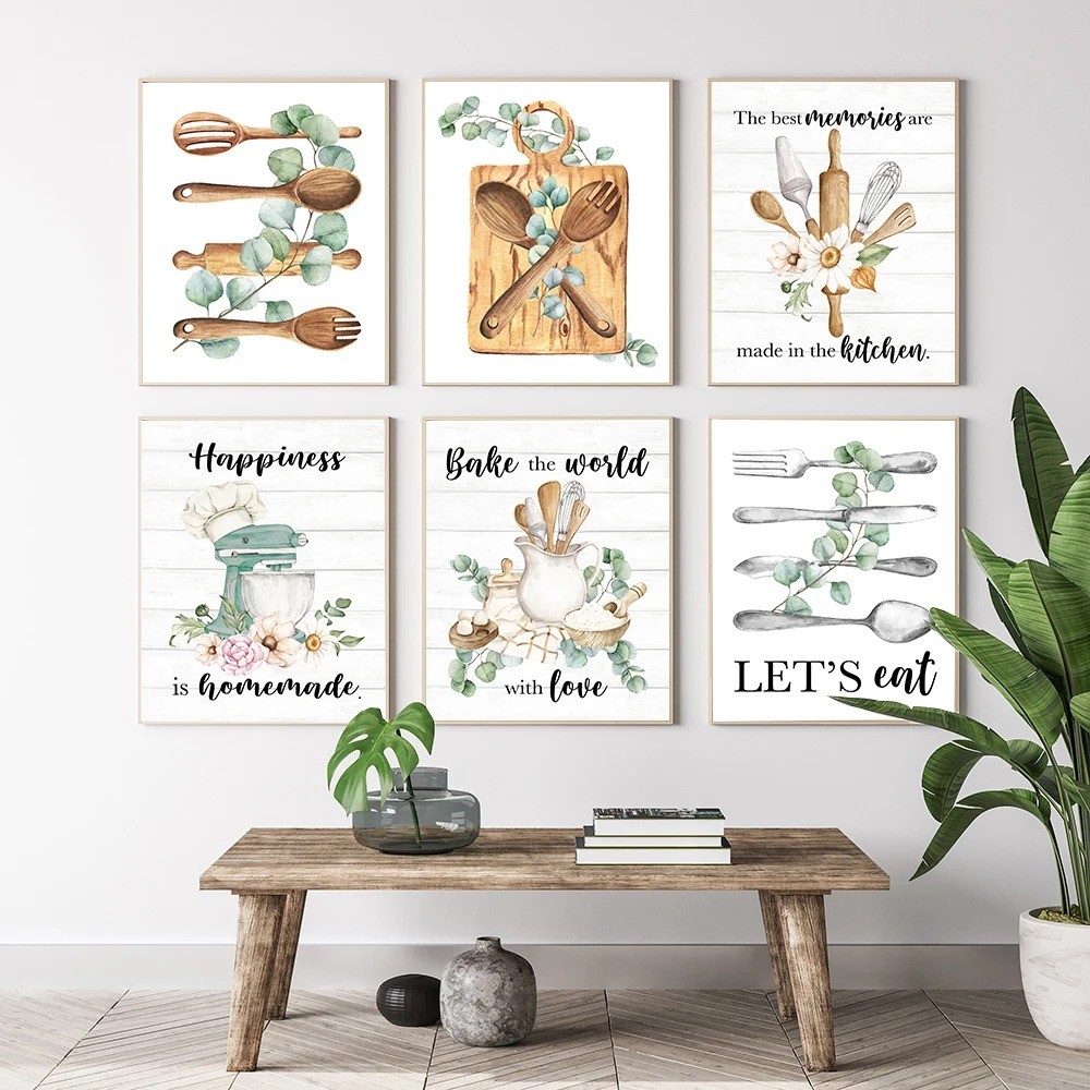 

Let's Eat Art Print Kitchen Wall Decor Housewarming Gift Kitchen Utensils Leaf Wall Art Pictures Dining Room Canvas Painting