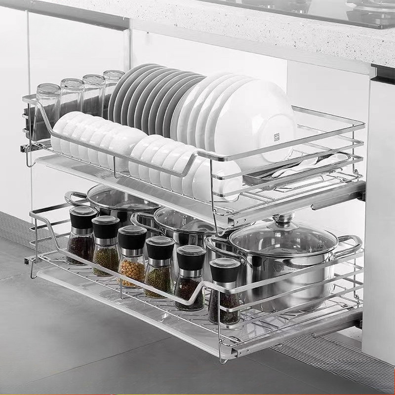 Rak Piring Stainless Steel Lemari Dapur Tarik Keluar Serbaguna Rak Pengering Piring Rak Kabinet Lema