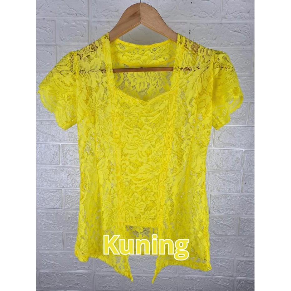 Kebaya Modern Brokat Stretch Wisuda Model Lengan Pendek Lilit Terlaris - Kuning, S