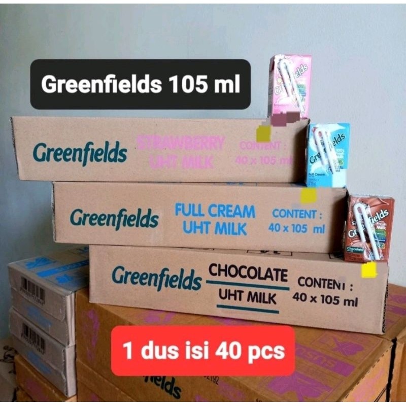 

Susu UHT Greenfields 105ml Karton isi 40 Coklat, Fullcream, stoberi