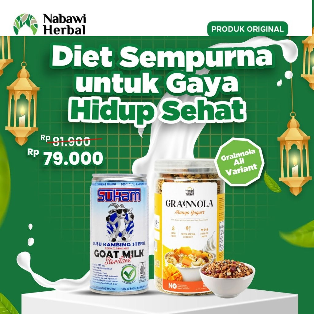 

PAKET DIET HIDUP SEHAT - Sukam Susu Kambing 189 ml & Grainnola Timurr Tengah Granola 500grby bonis