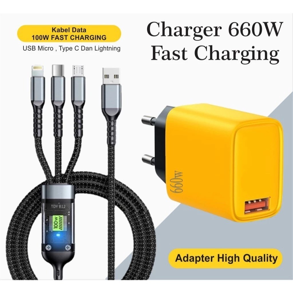 Charger 660W Batok RG15 + Kabel Data 3in1 100W Fast Charging USB Micro, Type C, Lightning Best Quali