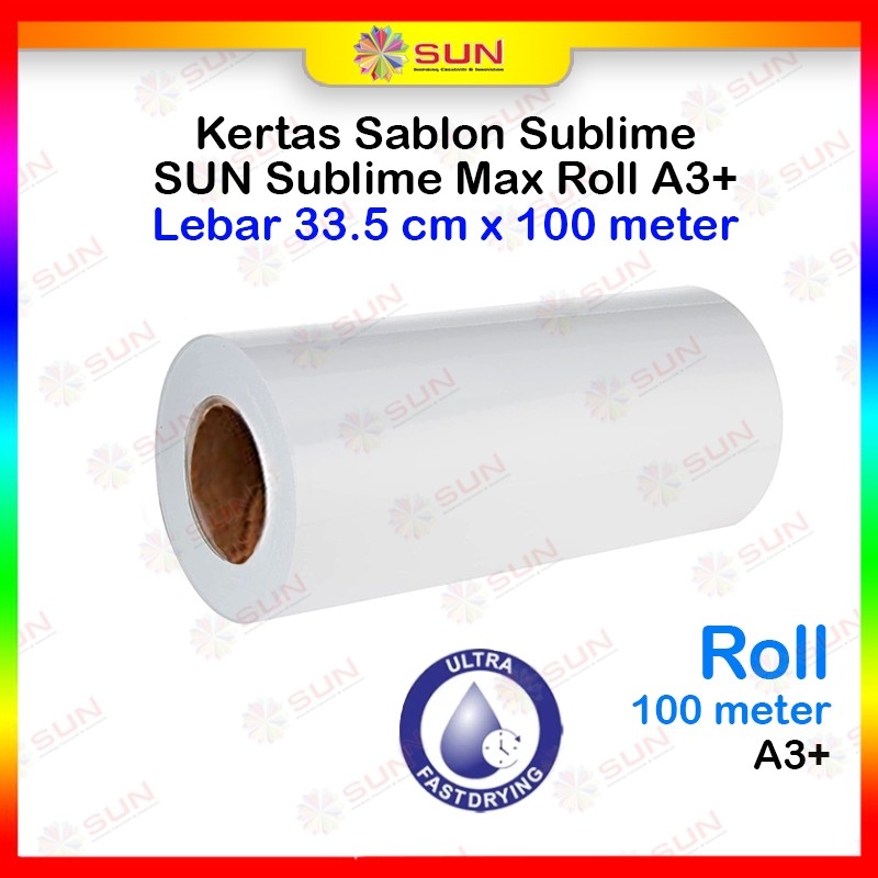

Kertas Roll Sublime Paper A4 ( 21 cm ) /A3+ ( 33,5 cm ) / A3 (30 cm) / A2 ( 61 cm ) 110 Gram - SUN Colourlife Sublime ( Kertas Sablon Sublim Transfer paper dengan tinta sublim untuk Mesin Press Kaos, Mug, Lanyard, Jersey )