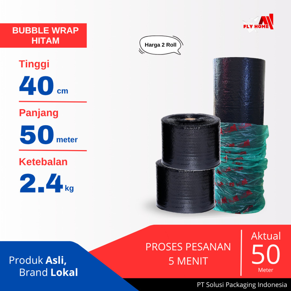 

FLYHOME Bubble wrap hitam 40cm potongan 2,4kg 2 roll hitam 40x50meter