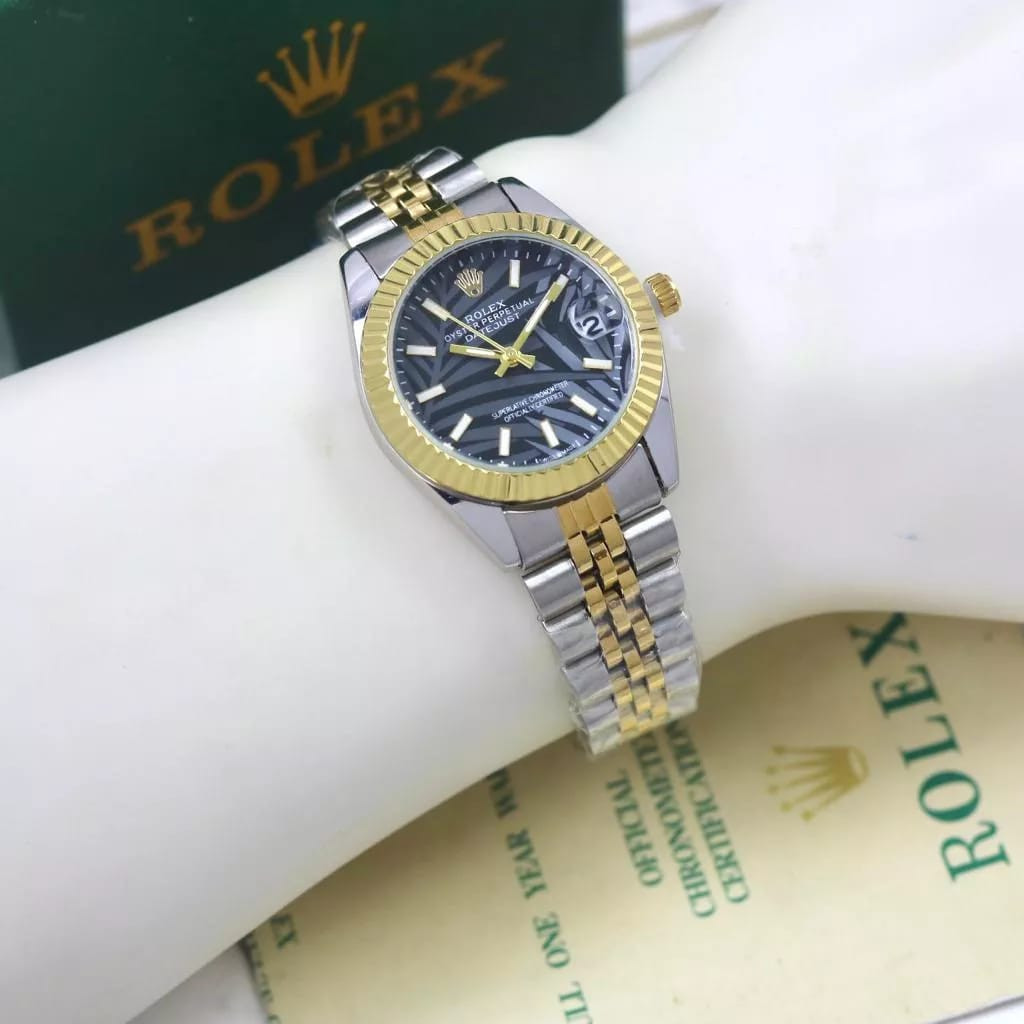 Jam Tangan Wanita/Jam Tangan Cewek Rolex PW Daun Tali Rantai Free Kartu Body Bulat Tanggal Aktif Box