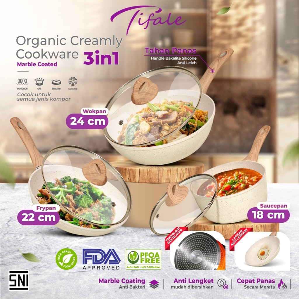 HURMSHOP  Tifale 3in1 Organic Creamly Cookware Marble Coated Anti lengket Handle Bakelite Silicone A