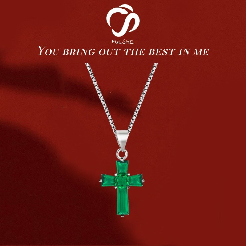 FULSHE Gantungan Salib Berlian Warna Hijau Unisex Lapisan Platinum Kalung Zircon Hijau Asli