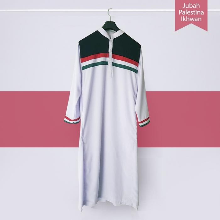 Gamis Jubah Palestina putih pria dewasa lengan panjang fashion muslim pakaian perlengkapan sholat - 