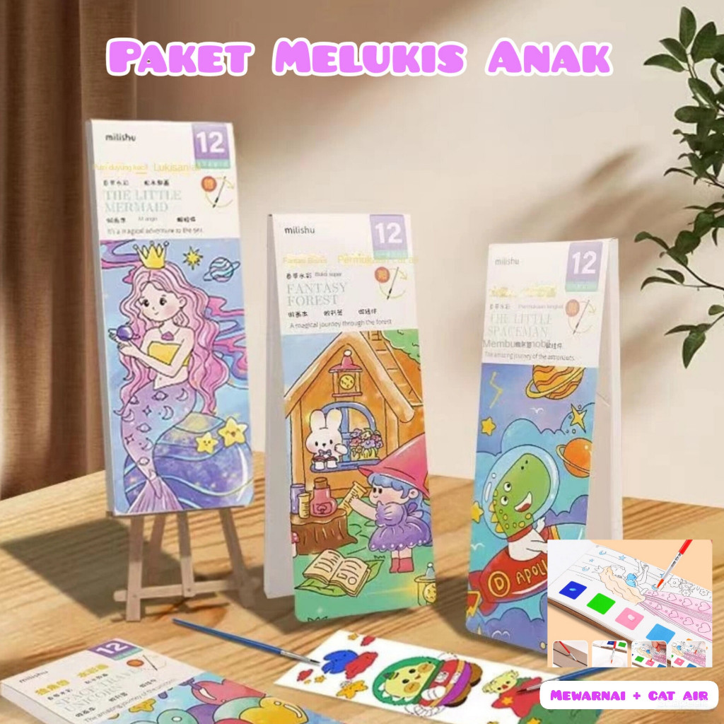 

ISI 12 LEMBAR Paket Buku Melukis Anak Lengkap Dengan cat + Kuas + Buku Gambar Lukis Mewarnai Water Colour Painting travel