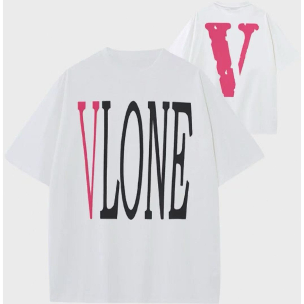 VLONE Kaos Pendek Lebar Oversize Logo V Cetak Couple Wanita Pria Katun Combed 24S - Pink Putih