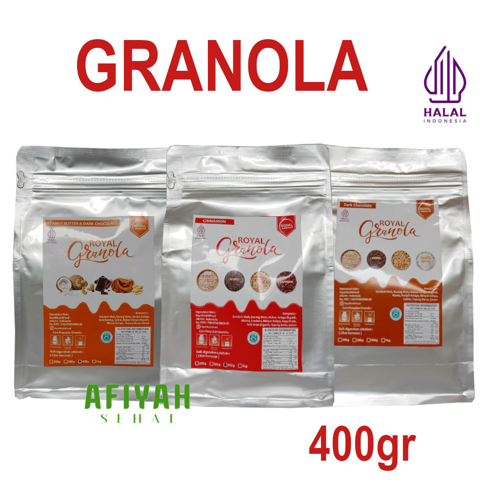 

Royal Granola 400 gr Snack Sarapan Diet Sehat Gluten Free Varian Dark Chocolate, Cinnamon, Peanut Butter