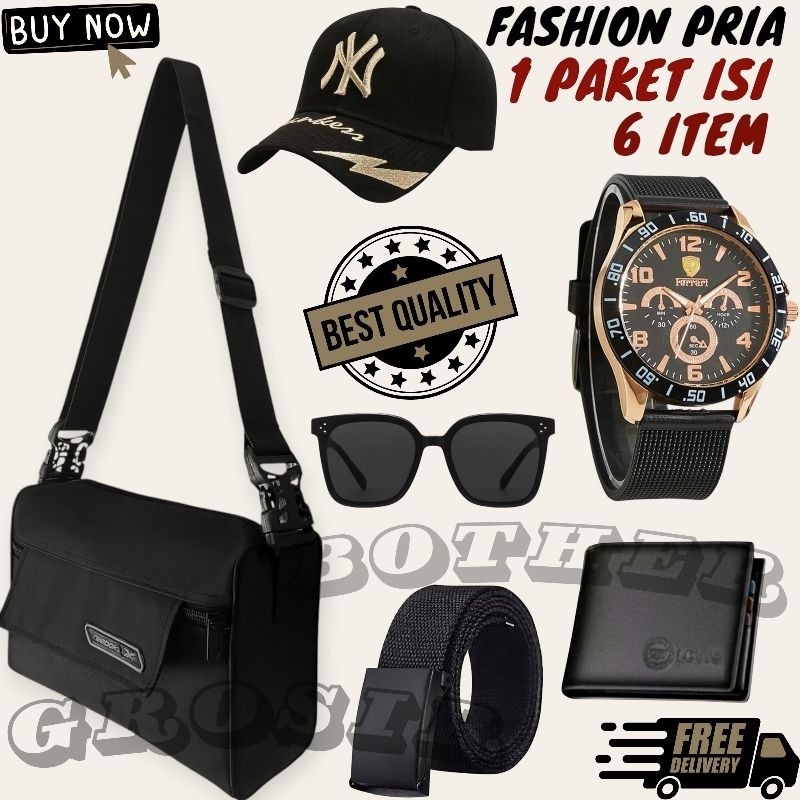 Ready NR Paket Fashion Pria Bundling 6in1 Jam Tangan Pria/Beli Jam Tangan Analog Pria Gratis Topi Di
