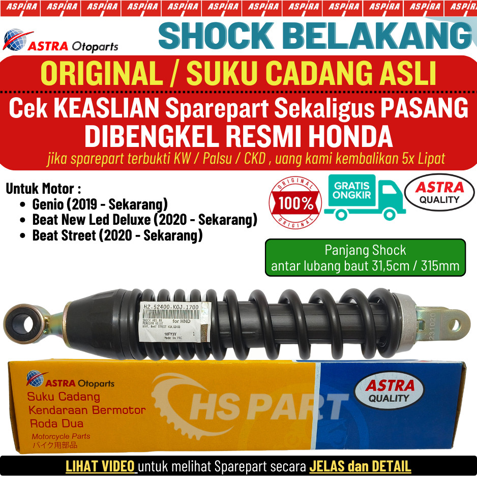 Shock Shockbreaker Belakang Beat New Deluxe Street Genio 2020 2021 2022 2023 2024 Original Aspira