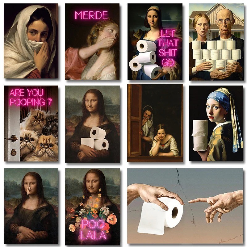 

Funny Bathroom Toilet Mona Lisa Wearing Pearls Girl with Roll Paper Poster Print Canvas Painting Wall Art Living Room Home Decor