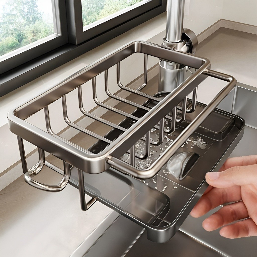 Rak Organizer Wastafel Dapur Tempat Sabun Spons Rak Aluminium Penyimpanan Tempat Kain Pencuci Piring