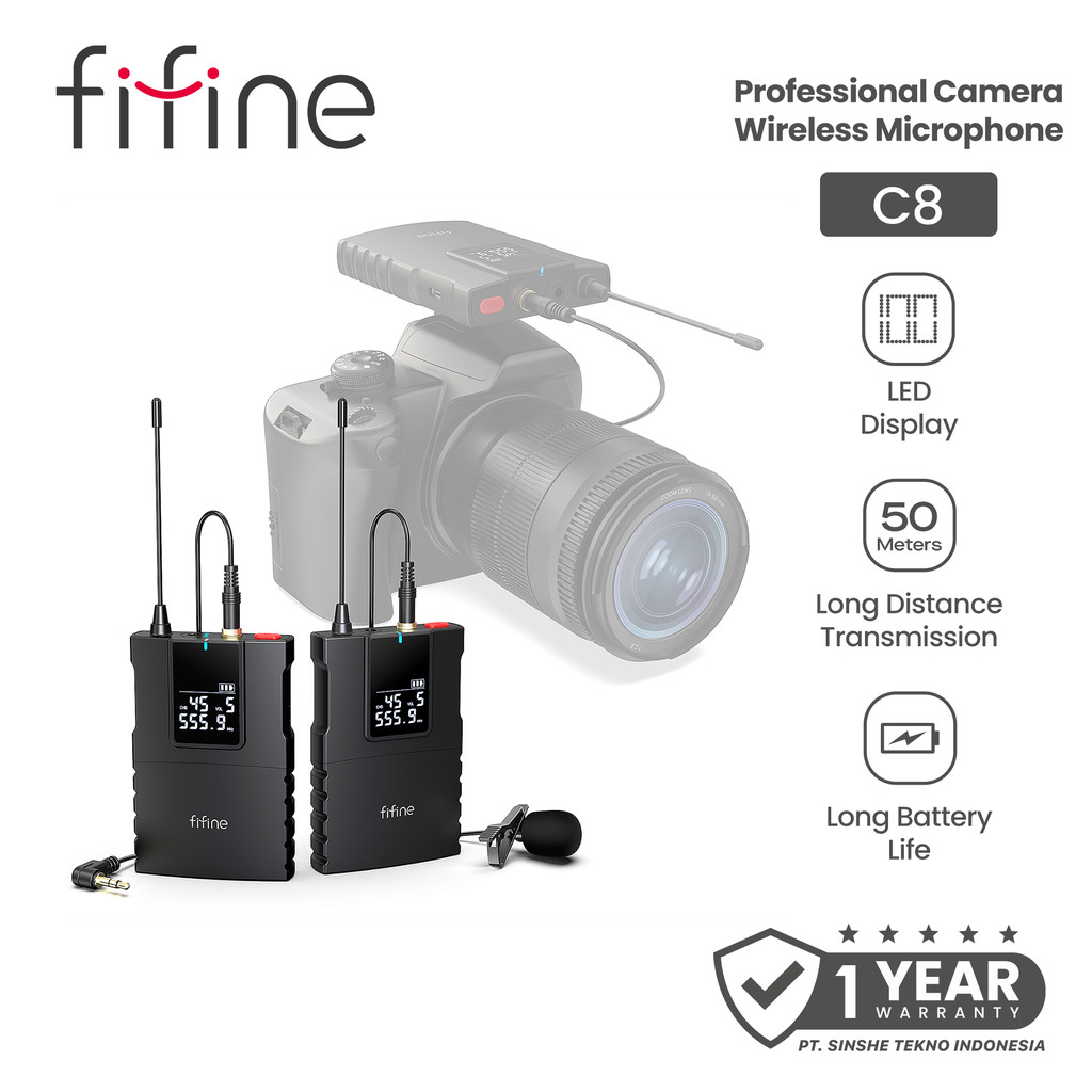 FIFINE C8 Wireless Lavalier Mic UHF – Clip On Kamera, Vlog, DSLR, Video Shooting
