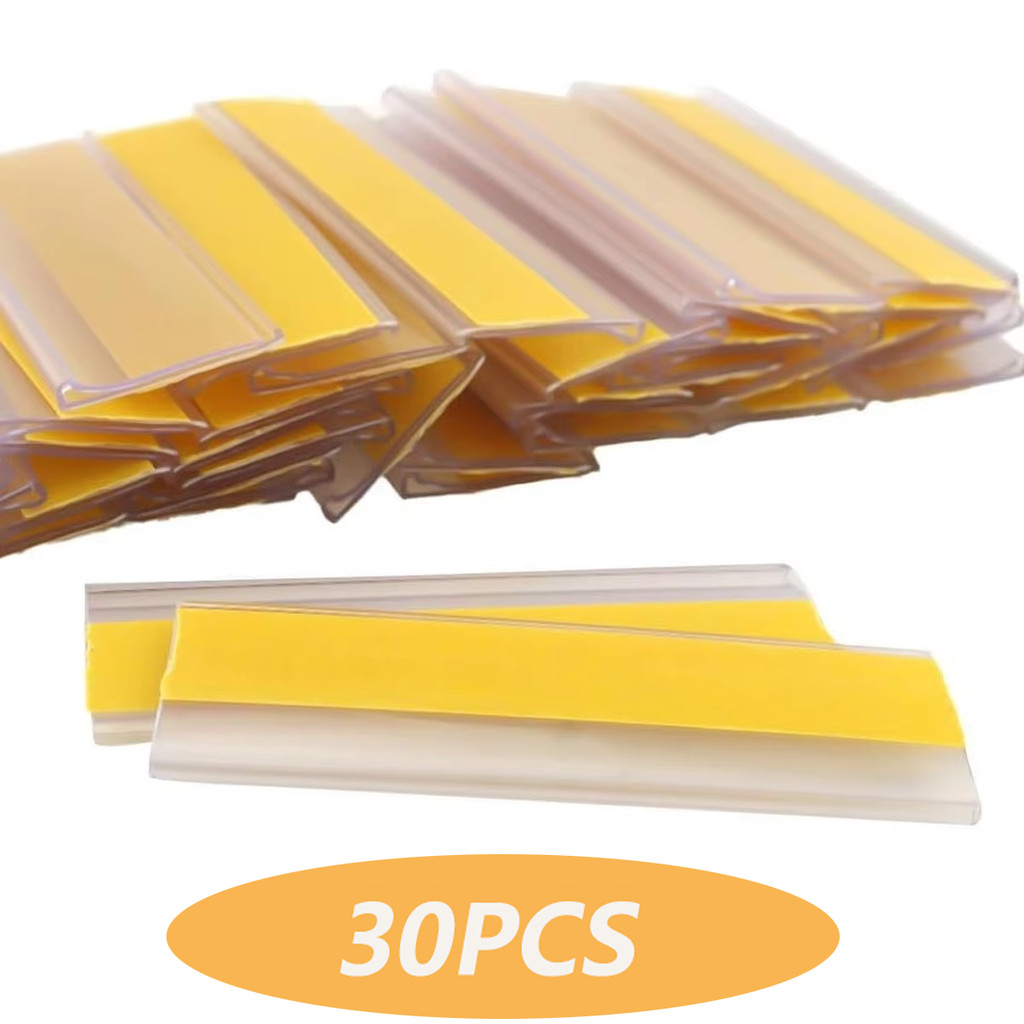

30pcs Plastic PVC Shelf Data Strips Clip Holder Merchandise Price Talker Sign Label Display Adhesive Tape Back