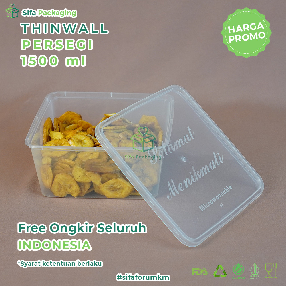 Kotak Thinwall Wadah + Tutup 1500ml Kotak Makanan Wadah Plastik Box Thinwall Square Tempat Kue Snack