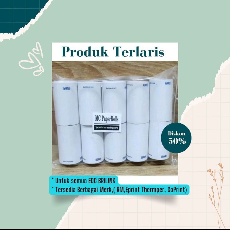 

KERTAS THERMAL BRI UNTUK EDC BRILINK 58x33mm 1 Dus isi 100 roll Eprint/GoPrint/PMM