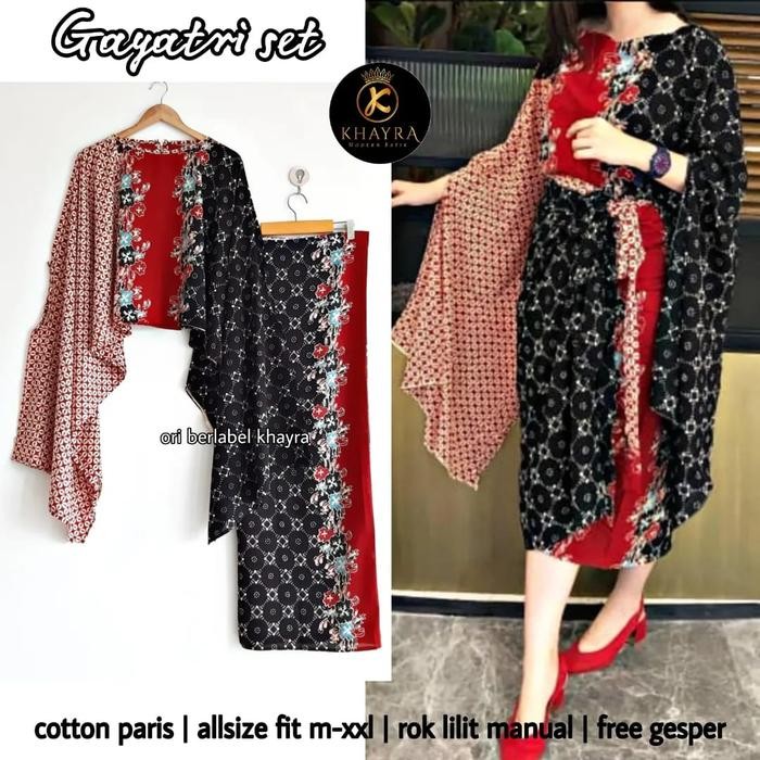 Setelan Kebaya Kondangan Batik Paris Setelan Rok Lilit Batik Modern - Hitam, All Size