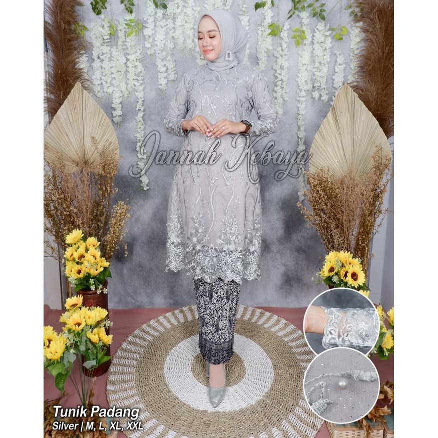 Promo Spesial Atasan Kebaya Tulle Tunik Modern Aneka Pilihan Warna - SET SILVER, UKURAN M