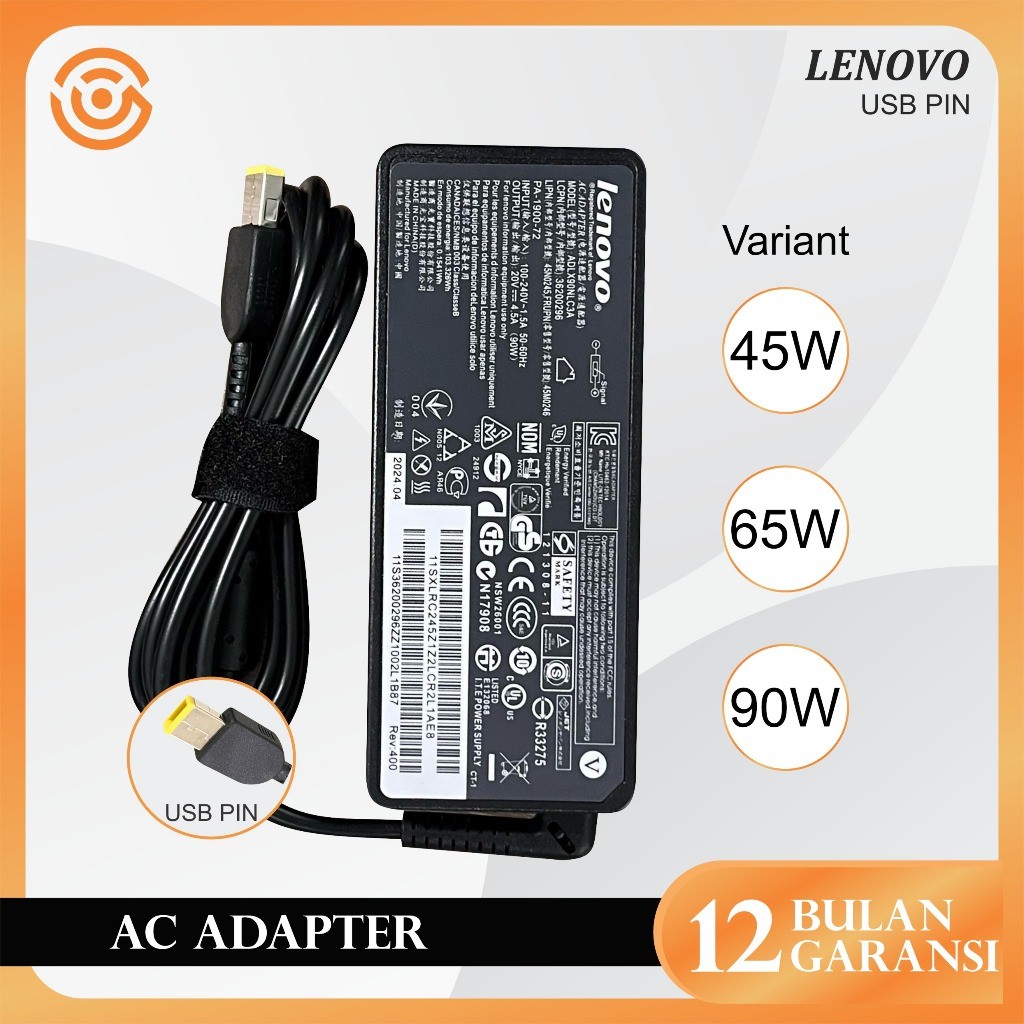 Voc Adaptor Charger Laptop for Lenovo ThinkPad 20V 45W/65W/90W USB