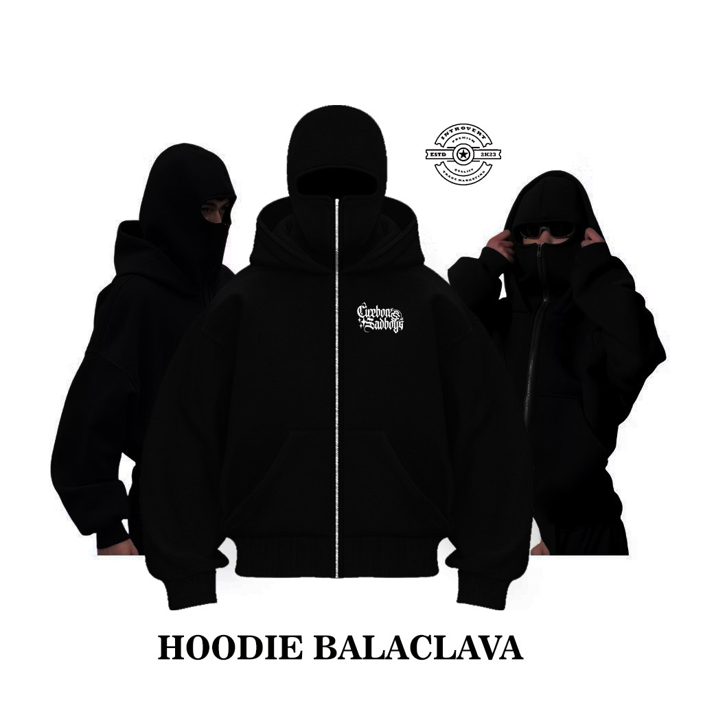 Introvert - Pullover Hoodie Balaclava Cirebon Sadboys Zipper Jaket Hoodie Boxy Hitam Ninja Balaclava