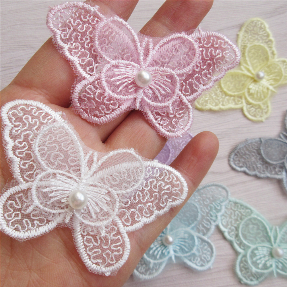 

50pcs 6.5*4cm Butterflies Pearl Soluble Organza Lace Trimming Knitting Wedding Fabric Embroidered Patchwork Ribbon Sewing Craft