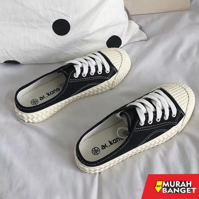 Sepatu Sandal Selop Wanita Sneakers Kets Tali Slip On Kanvas Premium - Black, 36