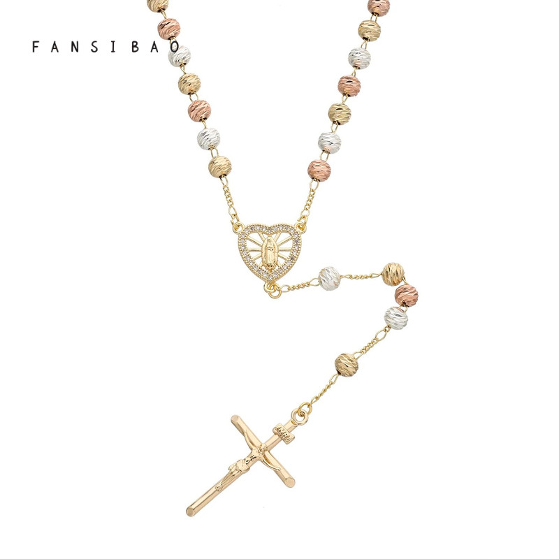 FanSibao tricolor diagonal prayer beads cross Virgin Mary pendant necklace copper necklace ladies bi