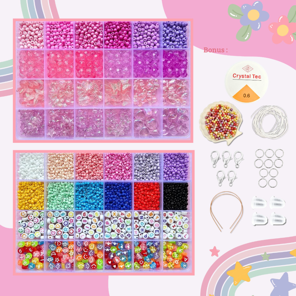 Cod DIY Manik Manik Set Box Lucu Korea Beads Aesthetic (Gratis Benang Elastis + Tali Giok + Manik Ra