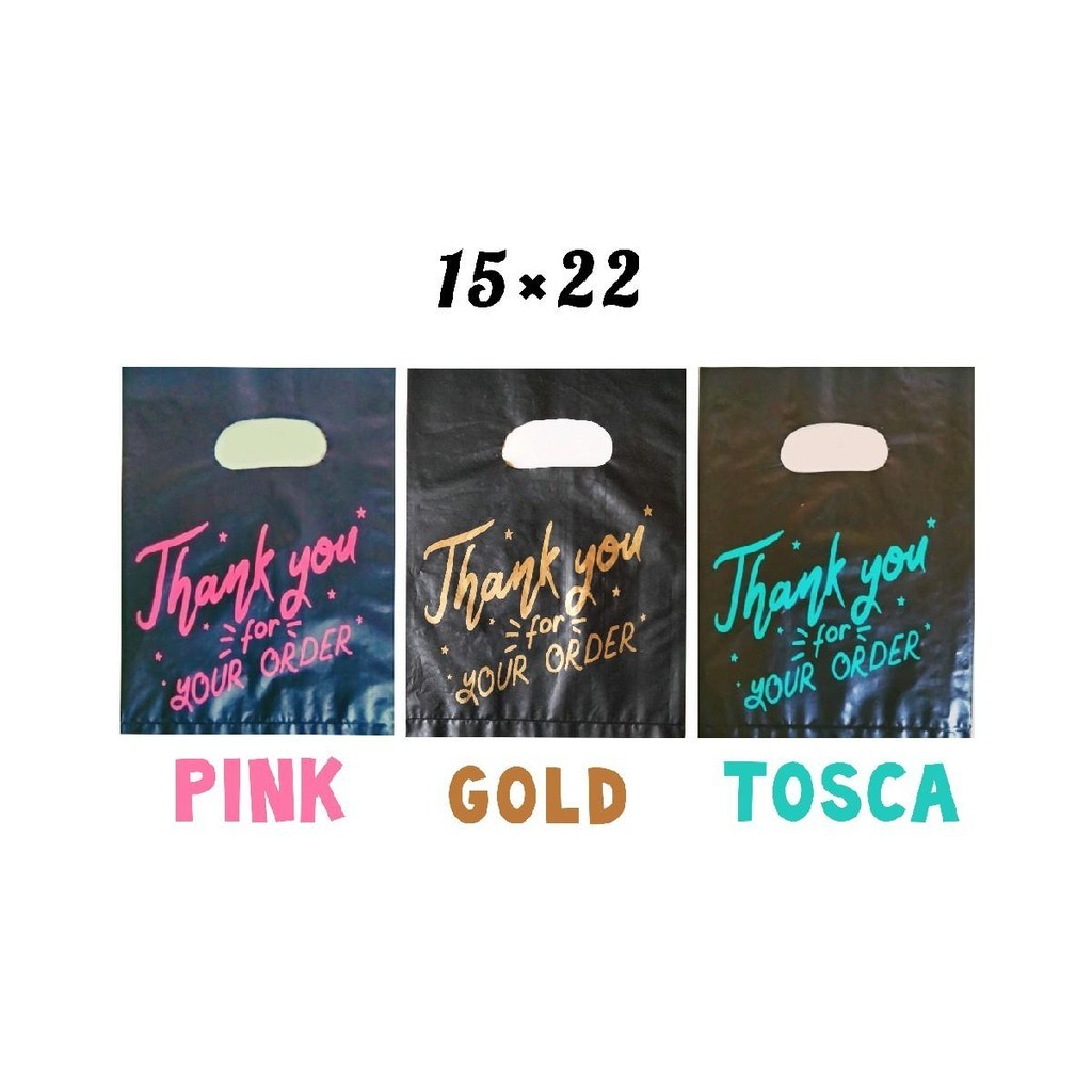

50pcs kantong plastik pond oval PE hitam uk 15x22 motif sablon thank you 2 plastik packing plastik online shop motif sablon thank you