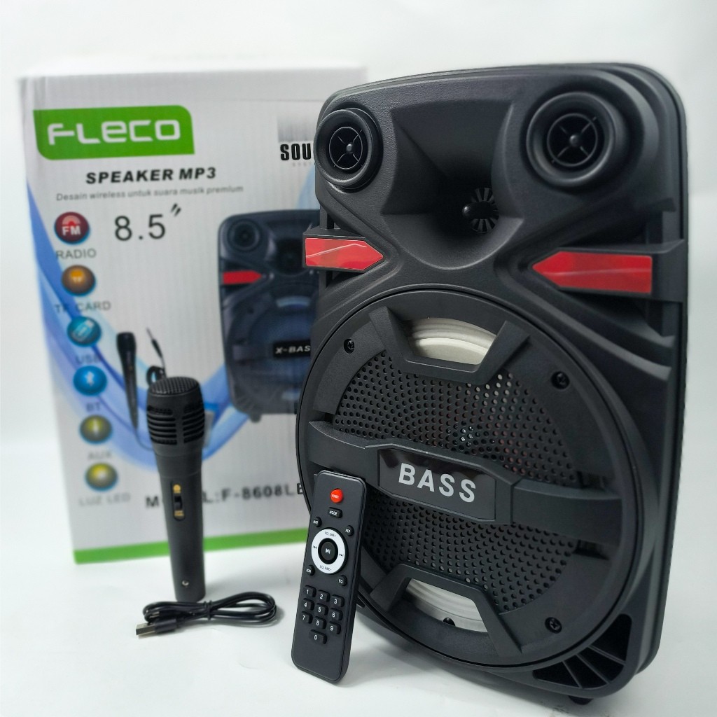 SERBA COD Speaker Bluetooth Karaoke Fleco F-8608 Bonus Mic X -BASS 8,5 INCH - Hitam, 8,5 Inch Includ