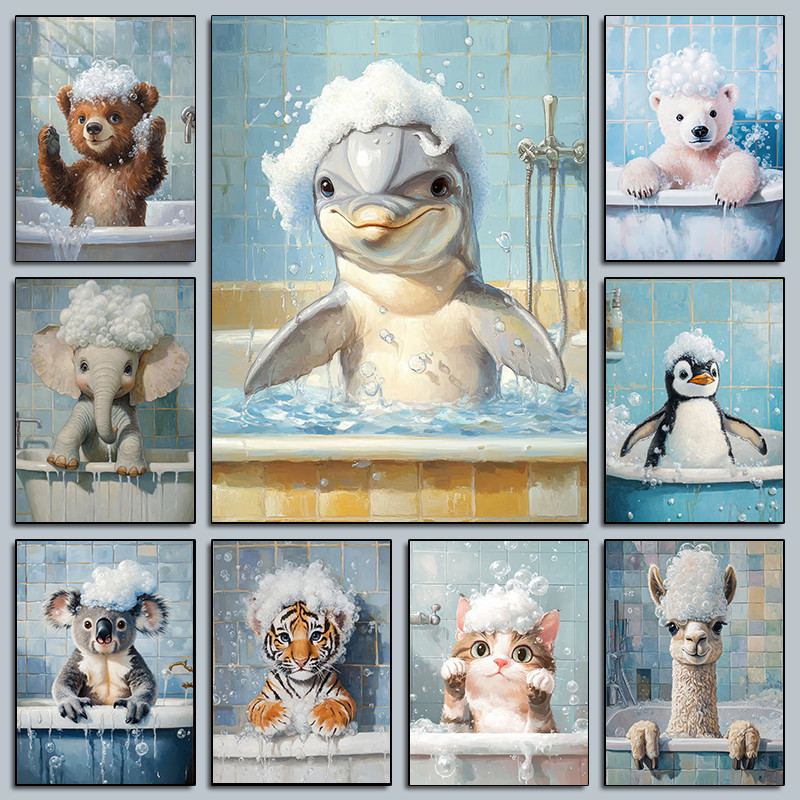 

Cute Animals In A Bathtub Posters Funny Bathroom Bubble Prints Kids Canvas Painting Wall Pet Animal Art Pictures Home Room Decor