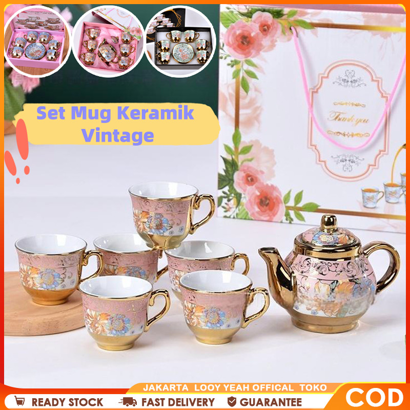 Set Mug Keramik Vintage / 4 Styles Set Teko Cangkir Dan Piring Keramik European Classic Style-Parcel