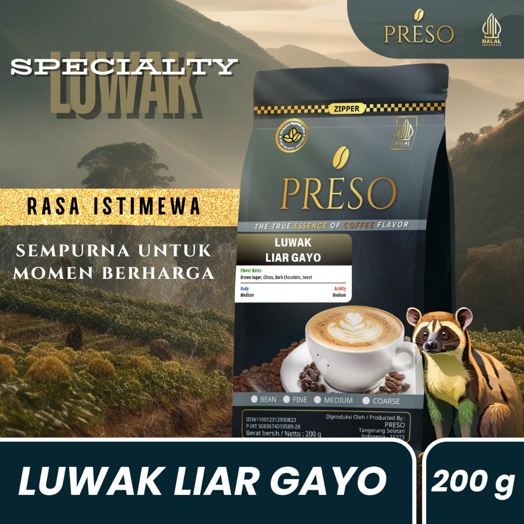 

Preso Kopi Specialty Luwak Liar Gayo/Wild Civet Gayo Coffee 200 gram