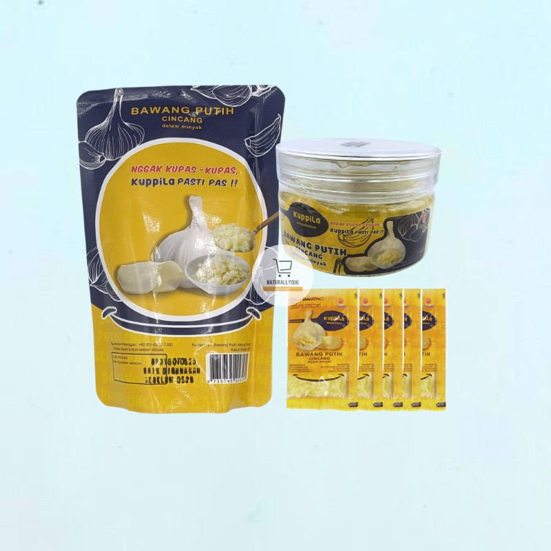 

Kuppila Bawang Putih Cincang Dalam Minyak Kemasan Pouch Toples Sachet