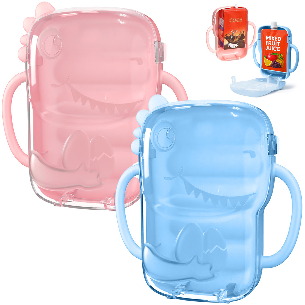 1/2-Pack Dinosaur-Shaped Juice Squeeze-Proof Storage Box, Baby Pouch Holder with No-Squeeze Food Pou