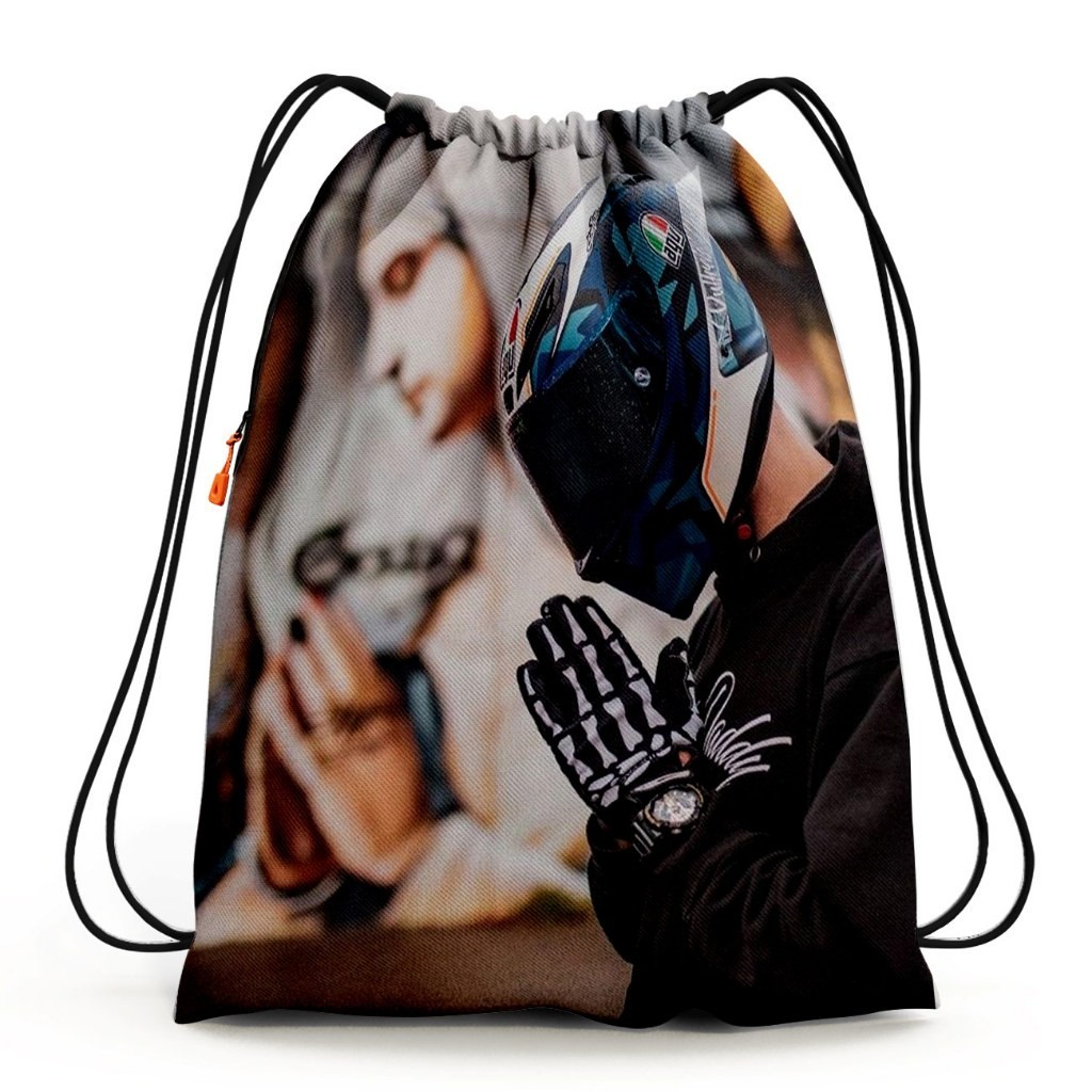 Tas Serut / Stringbag Pria Fullprint Kanvas Kain Tebal Tema Motor Untuk Sekolah